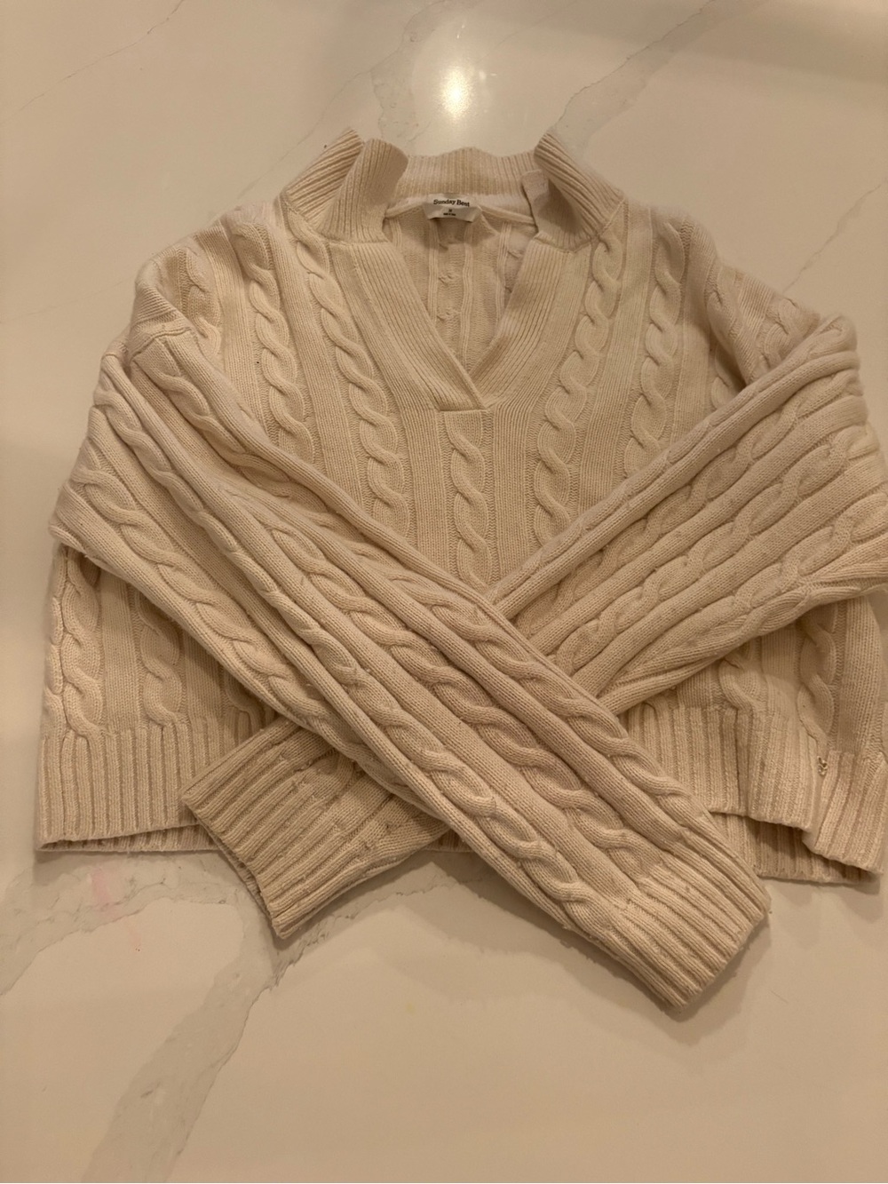 Aritzia Sunday Best Cream Cable-Knit V-Neck Sweater